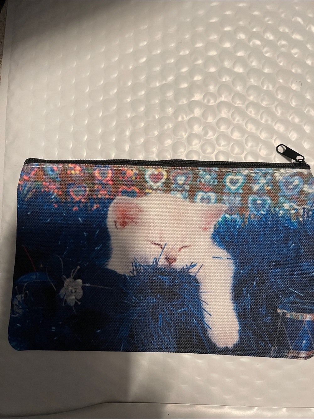 Cute White Kitten Print Zip Pouch - Blue Background NIP